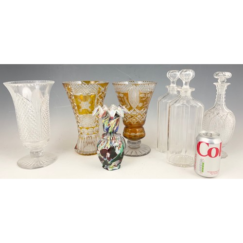 257 - MISC. GLASSWARE INCLUDING 2 YELLOW FLASHED BOHEMIAN VASES, A CELERY VASE, DECANTER AND PAIR OF LIQUE... 