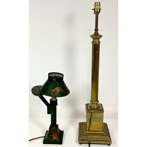 288 - BRASS PEDESTAL TABLE LAMP, APPROX. 70 cm AND ONE OTHER GREEN LAMP