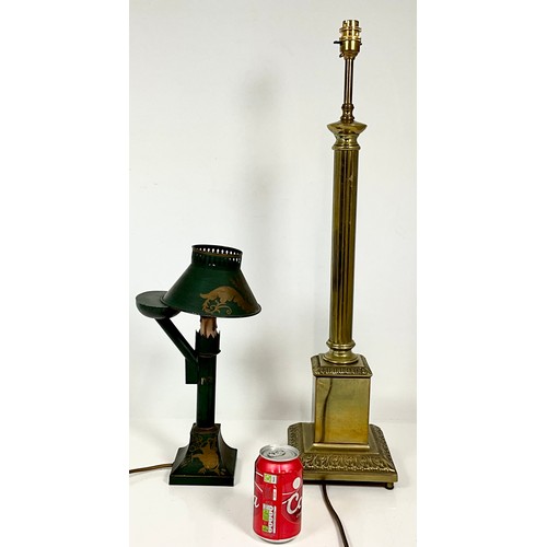 288 - BRASS PEDESTAL TABLE LAMP, APPROX. 70 cm AND ONE OTHER GREEN LAMP