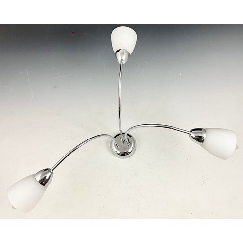 290 - 7 CHROME WALL LIGHT FITTINGS WITH GLASS SHADES, 1 CHROME TRIPLE CEILING LIGHT WITH GLASS SHADES, 1 G... 