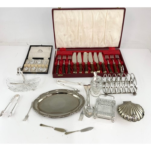 294 - SILVER PLATED WARE  ETC INC CASED BONE HANDED CUTLERY BOXED , 7 BAR TOAST RACK ETC