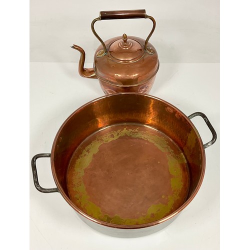 319 - ANTIQUE VICTORIAN COPPER KETTLE AND LARGE COPPER JAM PAN