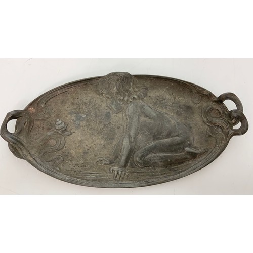 325 - ART NOUVEAU PEWTER DISH POSSIBLE WMF RELIEF DECORATED WITH GIRL AND SNAIL