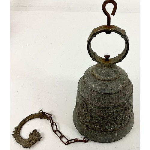 316 - EARLY BRONZE MONASTERY BELL ON A LATER BRASS WALL BRACKET AND OTHER BRASS INC. A BELL A VASE AND POT