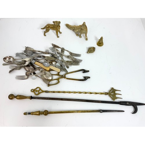 311 - MISC. , BRASS DOG AND FOX MODELS, FIRE IRONS, QTY. PLATED FLATWARE, GRADUATED CIDER  TANKARDS ETC