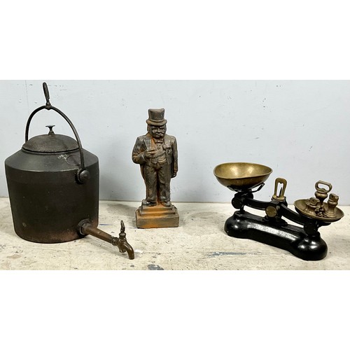 328 - OLD CAST IRON WATER BOILER WITH HANGING HOOK AND BRASS TAP, WINSTON CHURCHILL DOORSTOP, VINTAGE WEIG... 