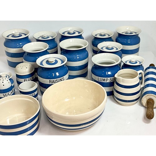 223 - LARGE QUANTITY OF CORNISH WARE STORAGE JARS, MIXING BOWLS, SPICE JARS, ROLLING PIN AND OTHERS