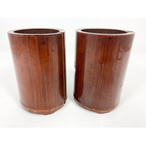 342 - PAIR OF BAMBOO SPILL VASES / BRUSH POTS  15cm TALL