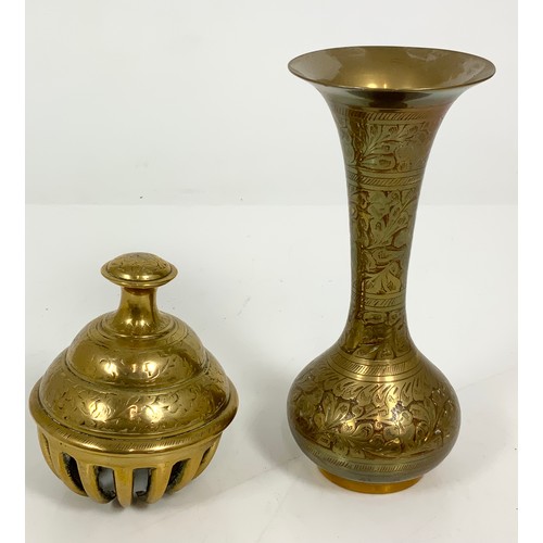 343 - KUKRI , TEMPLE BELL  &  A INDIAN BRASS VASE 18cm TALL ETC