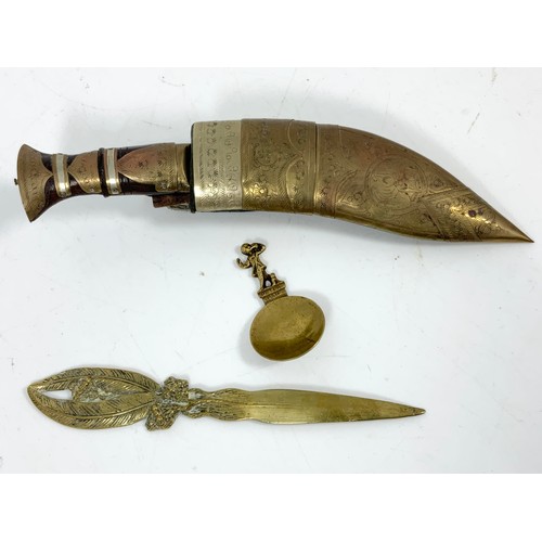 343 - KUKRI , TEMPLE BELL  &  A INDIAN BRASS VASE 18cm TALL ETC