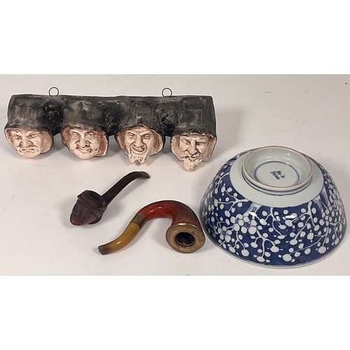 359 - FIGURAL PIPE RACK, 2 PIPES AND AN ORIENTAL BOWL WITH 4 CHARACTER MARK TO BASE, AF