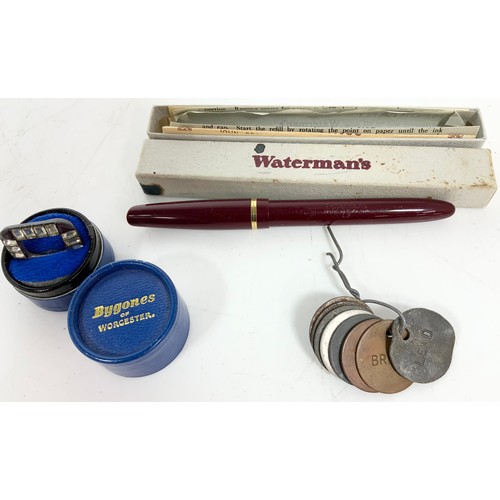 364 - MISC ITEMS INC A WATERMANS FOUNTAIN PEN, BROOCH, VATIOUS MODERN DIECAST JUBILEE TRAM & REPRO MATCHBO... 