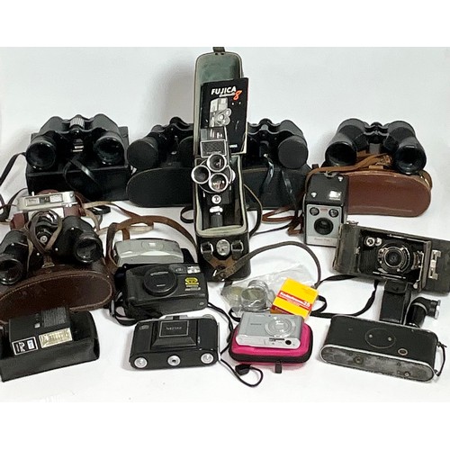 379 - QUANTITY OF VINTAGE BINOCULARS, CAMERA’S, FUJICA AUTOMATIC 8 MOVIE CAMERA AND MISC. ACCESSORIES. CAN... 