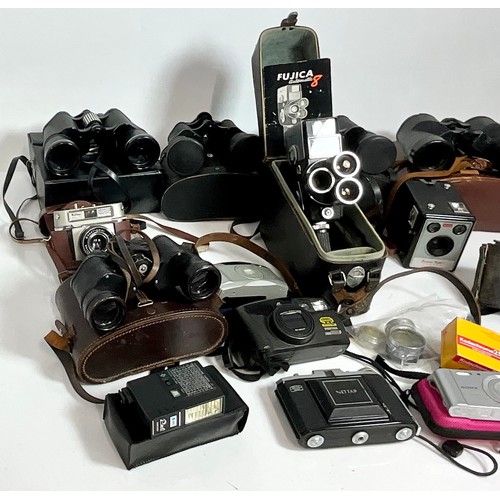 379 - QUANTITY OF VINTAGE BINOCULARS, CAMERA’S, FUJICA AUTOMATIC 8 MOVIE CAMERA AND MISC. ACCESSORIES. CAN... 