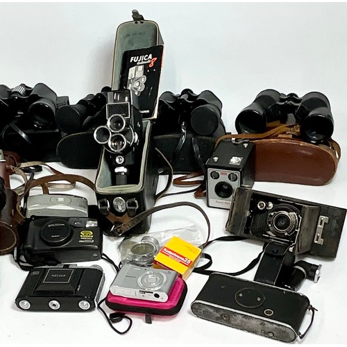 379 - QUANTITY OF VINTAGE BINOCULARS, CAMERA’S, FUJICA AUTOMATIC 8 MOVIE CAMERA AND MISC. ACCESSORIES. CAN... 