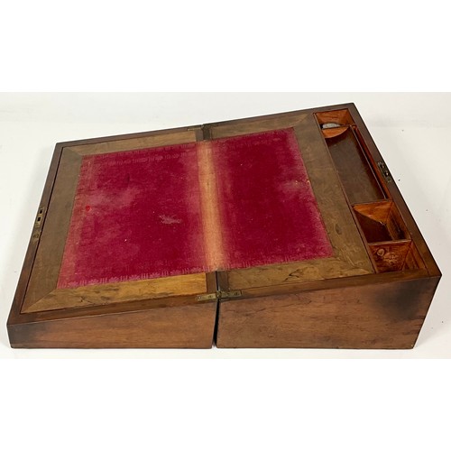 395 - WALNUT WRITING SLOPE WITH GLASS INK BOTTLE, CONTAINING VINTAGE PHOTOGRAPHS AND OTHER EPHEMERA