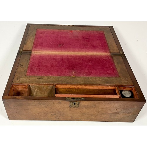 395 - WALNUT WRITING SLOPE WITH GLASS INK BOTTLE, CONTAINING VINTAGE PHOTOGRAPHS AND OTHER EPHEMERA