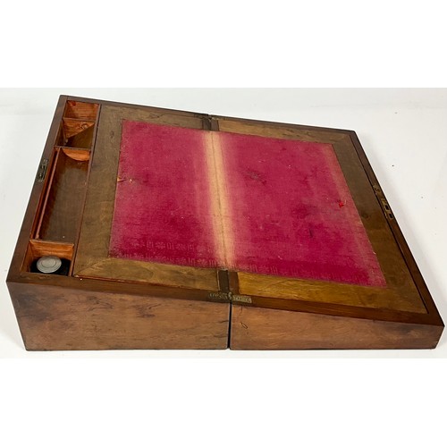 395 - WALNUT WRITING SLOPE WITH GLASS INK BOTTLE, CONTAINING VINTAGE PHOTOGRAPHS AND OTHER EPHEMERA