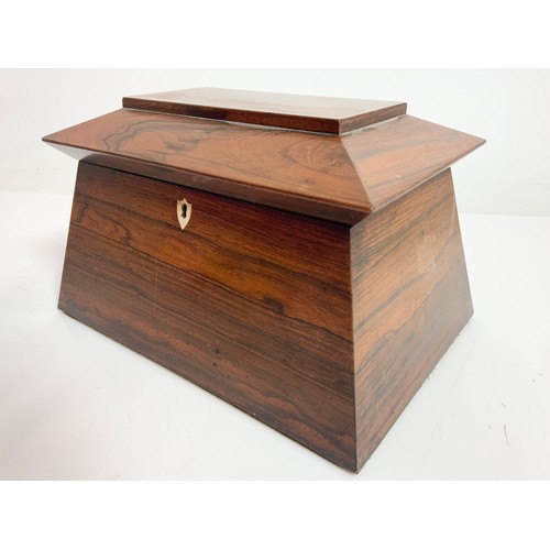 396 - ROSEWOOD TEA CADDY WITH FITTED INTERIOR