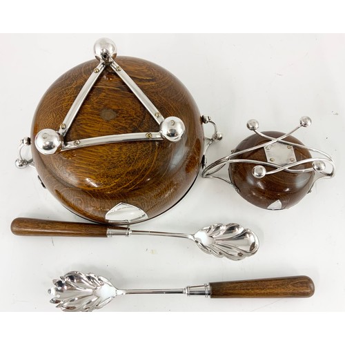 399 - VINTAGE TREEN  BOWL WITH SILVER PLATED MOUNTS  & SERVERS WITH A  SIMILAR SMALLER TWO HANDLED