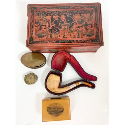 406 - RED LACQUERED BOX AND CONTENTS INCLUDING A MAUCHLINE WARE BOX, BRASS SNUFF BOX AND A MEERSCHAUM PIPE... 