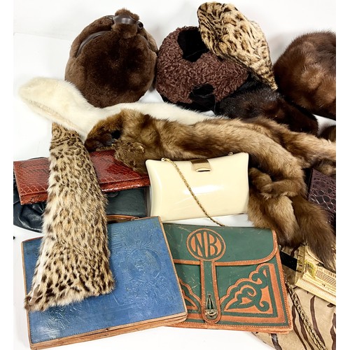 454 - QUANTITY OF VINTAGE LADIES ANIMAL FURS, HATS, LEATHER HANDBAGS AND PURSES