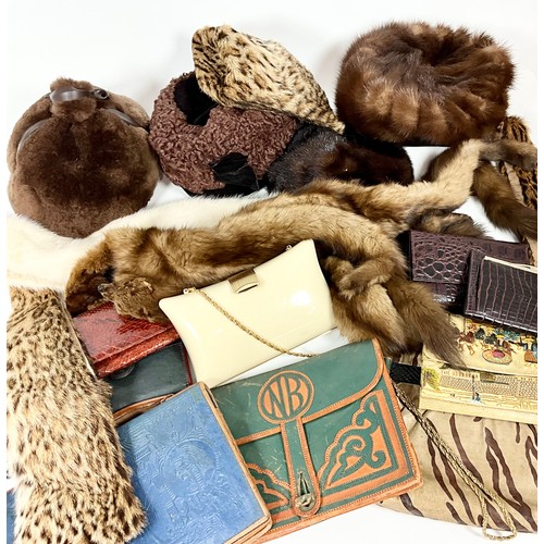 454 - QUANTITY OF VINTAGE LADIES ANIMAL FURS, HATS, LEATHER HANDBAGS AND PURSES