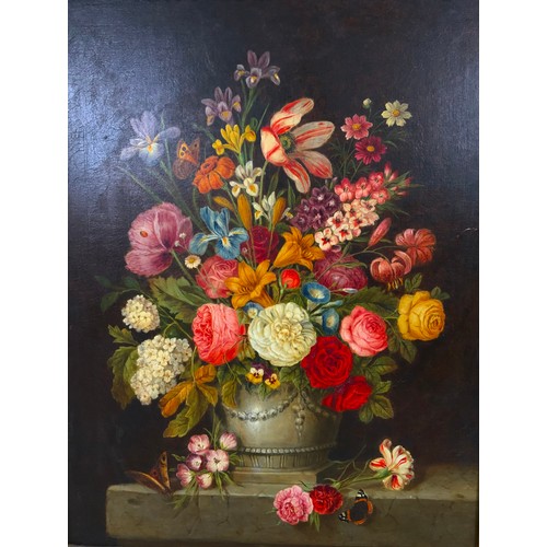 7 - OIL ON CANVAS STILL LIFE FLOWERS IN STONE URN WITH BUTTERFLIES AND LADYBIRD – NO APPARENT SIGNATURE ... 