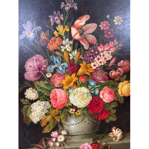 7 - OIL ON CANVAS STILL LIFE FLOWERS IN STONE URN WITH BUTTERFLIES AND LADYBIRD – NO APPARENT SIGNATURE ... 