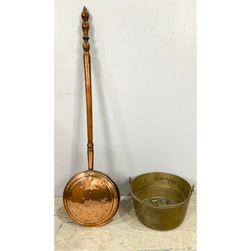 309 - BRASS WARMING PAN, BRASS PRESERVE PAN AND ARTS AND CRAFTS BRASS JARDINIERE, ETC.