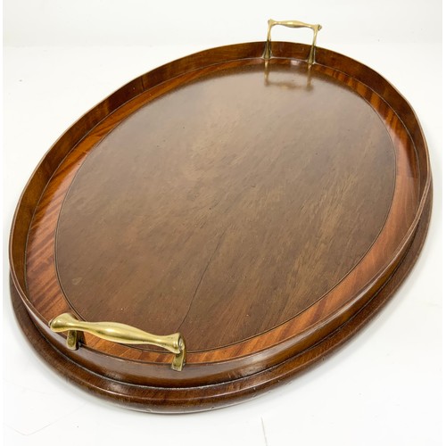 392 - OVAL  INLAID MAHOGANY TRAY WITH BRASS HANDLES