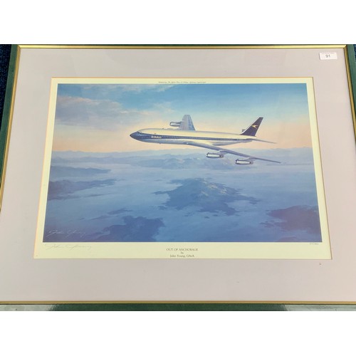 91 - AVIATION INTEREST TWO FRAMED PRINTS BY JOHN YOUNG, OUT OF ANCHORAGE, BOAC 707 317/850, & SPEEDBIRD H... 