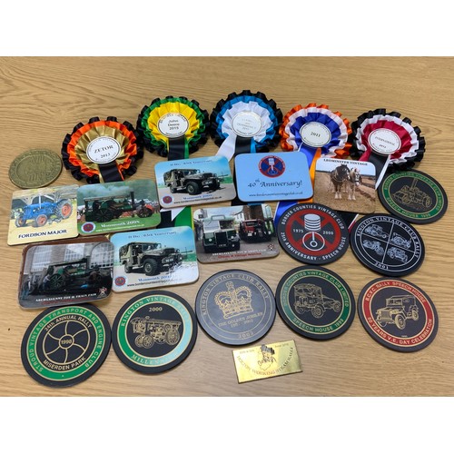 46 - AGRICULTURAL SHOW INTEREST, VARIOUS COASTERS AND ROSETTES FROM VINTAGE SHOWS, RALLIES & GATHERINGS