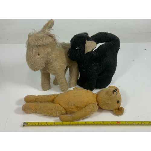 84 - THREE VINTAGE SOFT TOYS, TEDDY BEAR, CAT & MERRYTHOUGHT HORSE