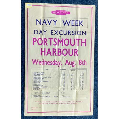 277 - RAILWAY POSTER, EXCURSION TO PORTSMOUTH HARBOUR NAVY WEEK C. 1951, VIA COTSWOLD LINE STATIONS, APPRO... 