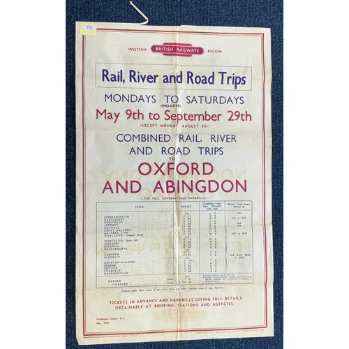 279 - RAILWAY POSTER C.1951 RAIL, RIVER & ROAD TRIPS, MAY TO SEPTEMBER OXFORD & ABINGDON, VIA KIDDERMINSTE... 