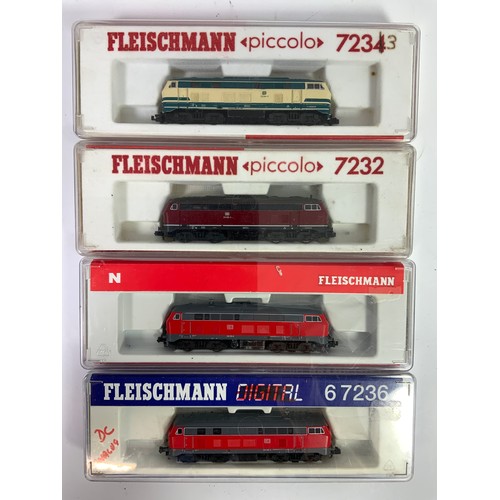 322 - FLEISCHMANN, 4 GERMAN DIESEL LOCOMOTIVES OF THE 216-218 ‘BUNNY’ FAMILY 67236 ADVISED ANALOGUE, 7234,... 