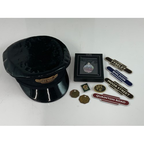 232 - LMSR PAY CHECK 513 GPC, LNWR 19 G PO, REPRO RAILWAY CAP, WITH REPRO BRITISH RAILWAYS BADGE, 85A BADG... 