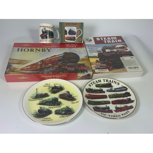 239 - HORNBY RAILWAY JIGSAW, MAGIC PUZZLE, TWO RAILWAY MUGS & 2 PLATES