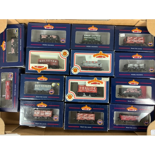 390 - 14 BOXED BACHMANN PRIVATE OWNER FREIGHT WAGONS, MANY CHESTERFIELD & DERBYSHIRE RELATED