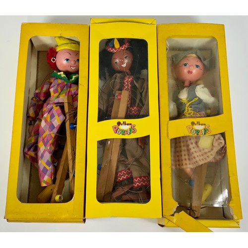 52 - PELHAM PUPPETS, DE LUXE WITCH, BIMBO, BASIC, TYROLEAN GIRL ONE IN YELLOW & ONE IN CARD BOX, PLUS IND... 