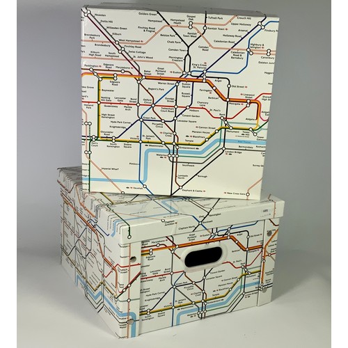 274 - TWO NOVELTY STORAGE BOXES, WITH MAP OF THE LONDON UNDERGROUND, APPROX 37 X 37 X 24 CM.