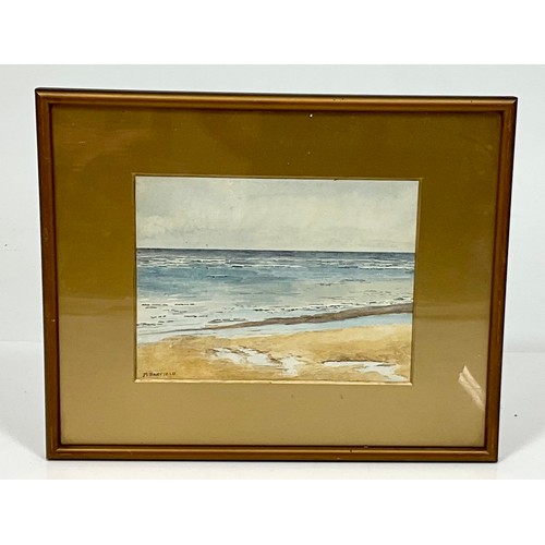 20 - 3 WATER COLOURS, 2 OF OCEAN VIEWS FROM A BEACH BY M. BARFIELD AND 1 OF HAWKHILL MILL