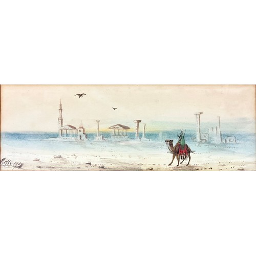 15 - 2 EARLY 20TH CENTURY WATERCOLOURS INDISTINCTLY SIGNED DEPICTING DESERT LANDSCAPE SCENES IN THE MANNE... 