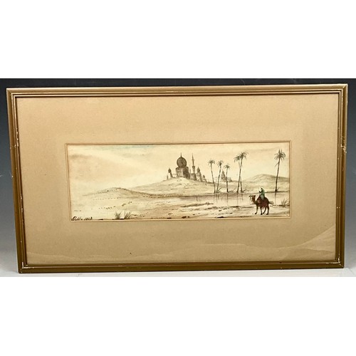 15 - 2 EARLY 20TH CENTURY WATERCOLOURS INDISTINCTLY SIGNED DEPICTING DESERT LANDSCAPE SCENES IN THE MANNE... 