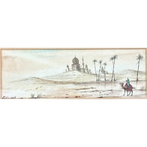 15 - 2 EARLY 20TH CENTURY WATERCOLOURS INDISTINCTLY SIGNED DEPICTING DESERT LANDSCAPE SCENES IN THE MANNE... 