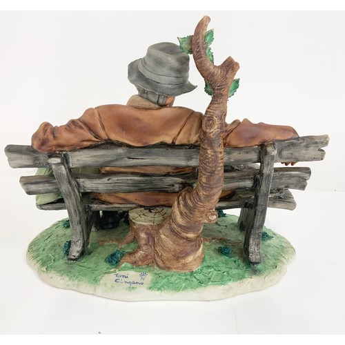 96 - 2 LARGE CAPODIMONTE FIGURINES  TRAMP ON BENCH &  MAN FRYING ON OPEN FIRE TALLEST 24cm