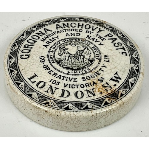 180 - STAFFORDSHIRE PRATT WEAR ADVERTISING POT LID, GORGONA ANCHOVY PASTE, ARMY & NAVY CO-OPERATIVE SOCIET... 