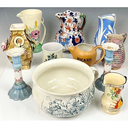 182 - MISC. VINTAGE JUGS, VASES, POTS AND CANDLESTICKS