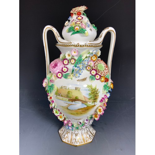 188 - IMPRESSIVE COALPORT COALBROOKDALE COVERED VASE WITH FLOWER ENCRUSTED & HAND PAINTED DECORATION  33cm... 